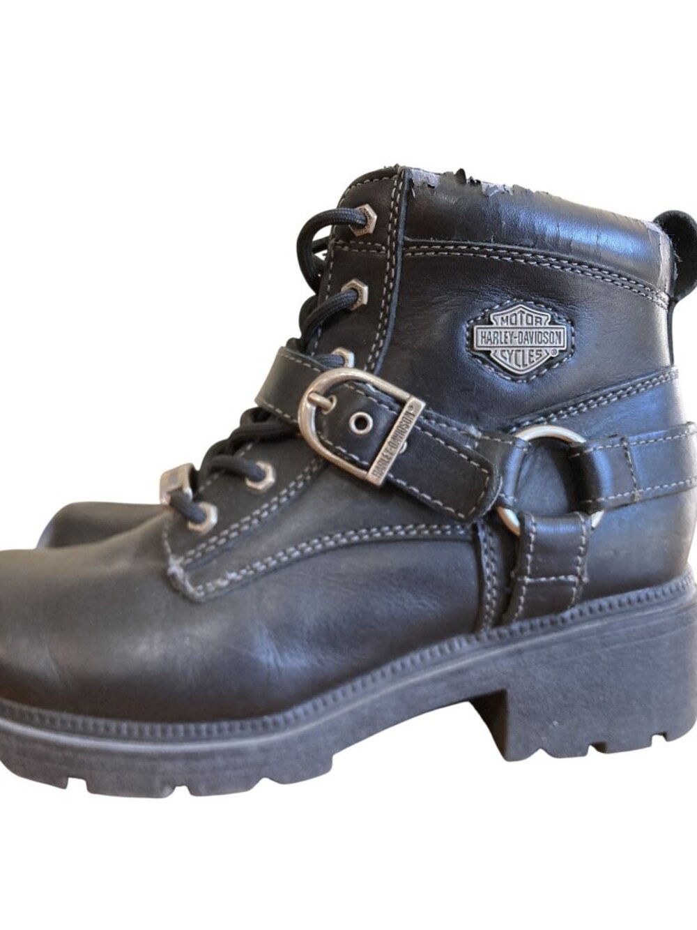 Harley-Davidson Womens Black Leather Ankle Boots With Buckle Strap & Zipper Dist